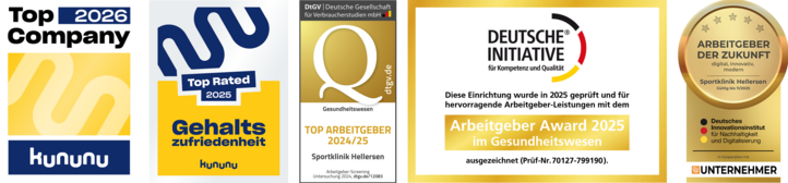 Drei Siegel auf einem Bild, Top Arbeitgeber 2024/25 Sportklinik Hellersen Deutsche Gesellschaft für Verbraucherstudien mbH, Top Company 2025 Kununu, Arbeitgeber der Zukunft Sportklinik Hellersen Deutsches Innovationsinstitut für Nachhaltigkeit und Digitalisierung